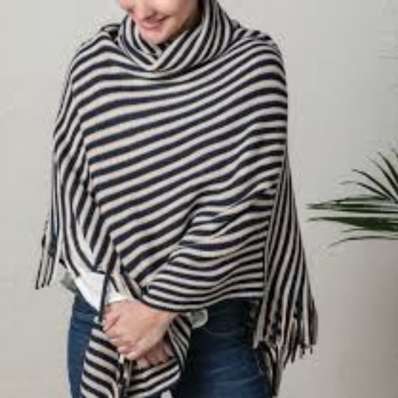 Last 1! NWT Turtleneck Navy and Cream Striped Poncho - Picture 2 of 3